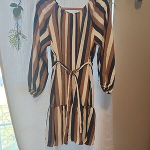 Hayden Long Sleeve Dress with Brown and Cream Stripes